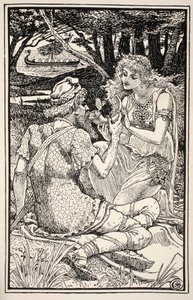 "Eu bebo aqui mais digno de um herói", disse Sunbright com um sorriso, ilustração de "Folk and Fairy Tales" de Mrs. Burton Harrison, 1885 de Walter Crane